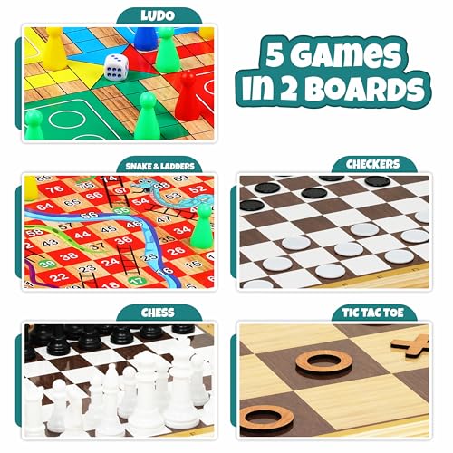Image of Toyaffair Wooden Board Game Set - Ludo, Snakes & Ladders, Checkers, Chess, and Tic Tac Toe -Multi Game Board for Kids and Adults, Portable Family Fun Game (5 in 1 Wooden Board Game)