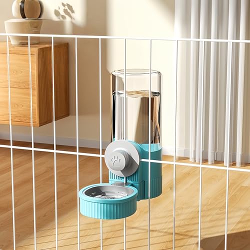 自動給餌器 自動給水器 猫 犬 餌やり器 ハンギングケージタイプ クリップオンタイプ 大容量 75°傾斜 食べ物がくっつかない 防湿 鮮度保持 透明タンク 清潔簡単 簡単設置 ウォーターボトルタイプ 猫 犬 うさぎ用 フードボウル付き (青, 520ml【