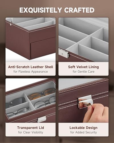 Image of CO-Z Sunglasses Organizer with 12 Slots, Leather Eyeglasses Storage Box for Women Men, 2 Story Lockable Display Case for Multiple Glasses, Sunglasses Jewelry Collection Holder with Drawer, Brown