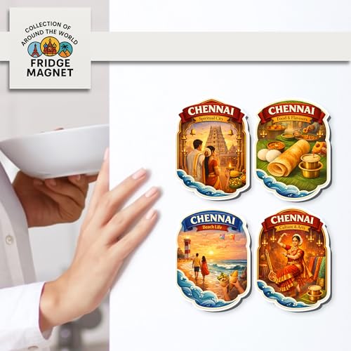 Image of Regalo Casila Chennai Tourism Souvenir Fridge Magnets Set of 4 Spiritual City Food Flavours Beach Life Culture Arts Tamil Nadu Decorative Refrigerator Magnets