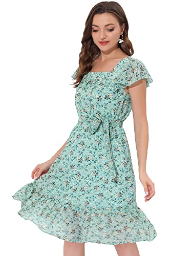 Allegra K Women's Midi Floral Chiffon Dress Flutter Sleeve Belted Square Neck Ruffled Dress Medium Green