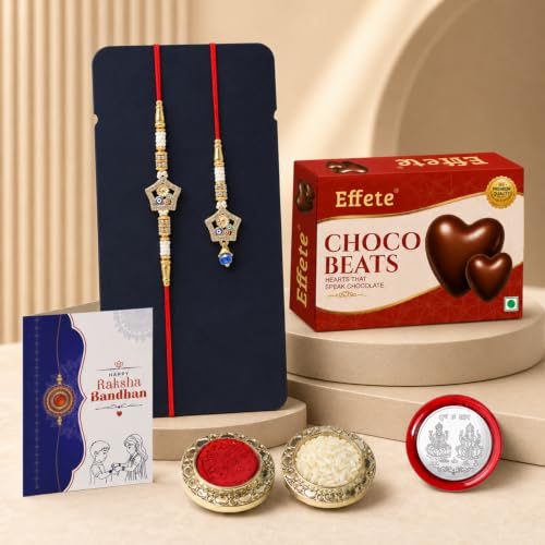 Image of Oblivion Evil Eye Rakhi Set of 2 for Brother with Effete Choco Beats Heart-Shaped Chocolates, Pearl Beads, Roli Chawal, Shagun Coin and Greeting Card - Rakhi Festival Gift Hamper