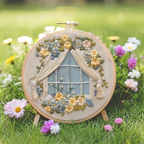 Image of AEDNX 3PC Beginner Embroidery Kits, DIY Cross Stitch Kit for Adults, Includes 3 Embroidery Hoops, Detailed Instructions, and Accessories