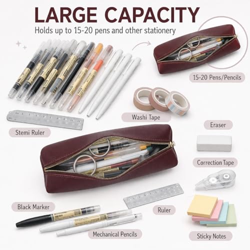 Image of Pencil Case Small Zipper Pen Pouch for School Office Art Supplies Stationery Organizer Bag for Pens Markers(Burgundy /Faux Leather)