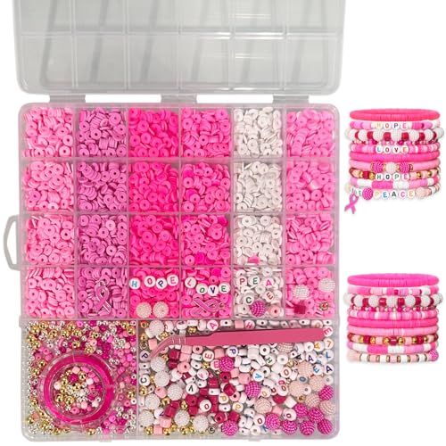 Pink Breast Cancer Awareness DIY Craft Clay Beads Kit - Pink Awareness Party Assorted Beads and Alphabet - Love Hope Peace Inspirational Bead Art DIY Craft Set 1 Box
