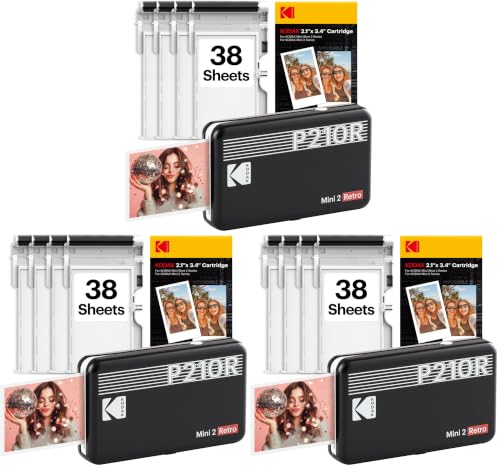 Image of KODAK Mini 2 Retro 2x3 Portable Photo Printer, 38 Sheets, Bluetooth Smartphone Printer for iPhone & Android, Instant Color Prints, 4PASS Dye Sublimation, Black (Pack of 3)