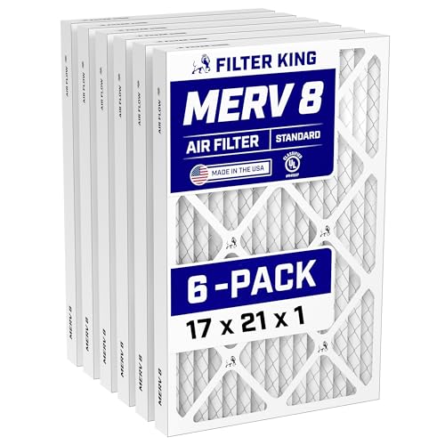 Filter King 17x21x1 Air Filter (MERV 8) (6-Pack) Dust & Allergy Control AC Furnace Filters MADE IN USA HVAC Pleated Electrostatic (Actual Size: 17 x 21 x .75)