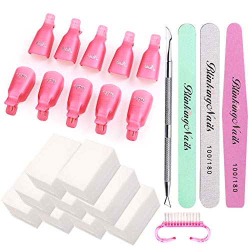 Gel Nail Remover Kit with 10pcs Gel Clip Remover, Nail File 100/180 Grit, Sponge Nail Buffer, Polishing Buffer Block, 1000Pcs Wipe Cotton Pads, Stainless Steel Cuticle Pusher and Nail Brush Color Pink