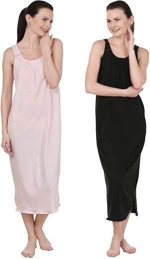 BLAZON Women's Cotton Nighty Slip - Set of 2 (Baby Pink & Black)