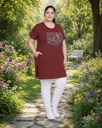 Image of In Love Women's Printed Cotton Plus Size Longline T-Shirt with Pockets | Cotton fabric - soft longline T-shirt with easy plus-size fit