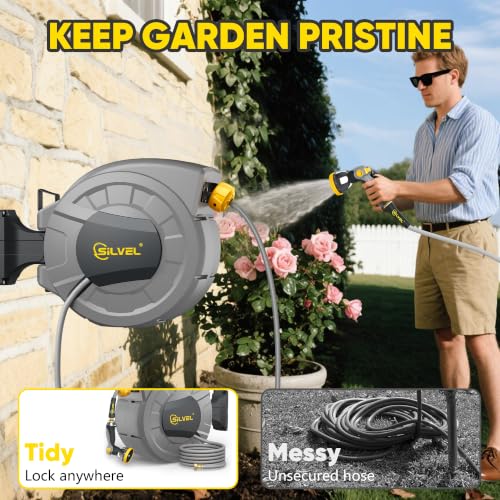 Image of Retractable Garden Hose Reel, 1 /2 inch x 130ft Wall Mount Heavy Duty Automatic Hose Reel with 10 Pattern Nozzle, Any Length Lock & Slow Return System, 180Swivel Bracket Upgraded UV Resistant,Yellow