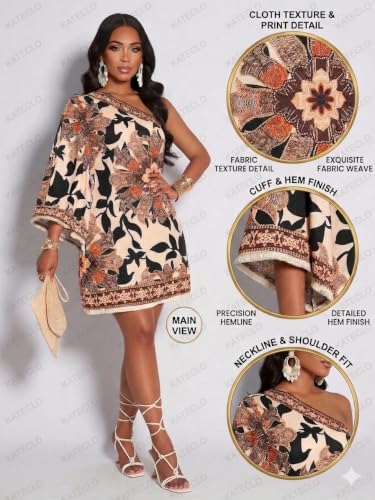 Image of KATECLO Women's One-Shoulder Boho Mini Dress - Asymmetrical Sleeve Floral Print Summer Shift Dress with Border Trim