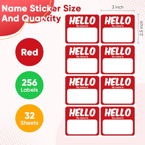 Image of 256 Pcs Name Tags Sticker 3 inchx2.5 inch Hello My Name is Stickers, Red Name Labels Adhesive Identification Name Badges for School, Office, Meeting, Family Parties, Mailing