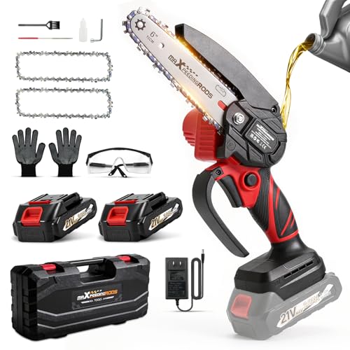 maXpeedingrods Mini Chainsaw Cordless, 6 inch Chainsaw Handheld Power Chain Saws with 2 Batteries, 3 x Durable Chains, Electric Chainsaw Lightweight Handheld Saw for Tree Trimming, Wood Cutting, Red