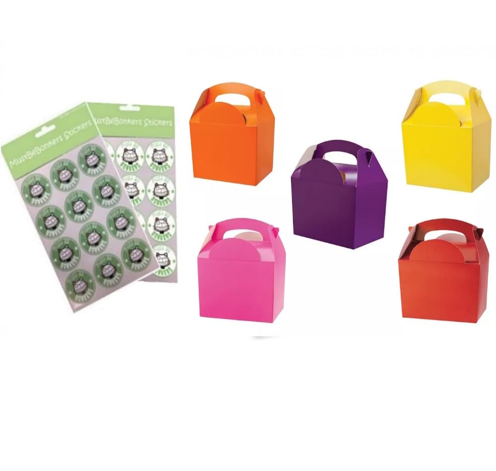 MustBeBonkers 30 Childrens/Kids Plain Coloured Carry Food Meal Birthday Party Box Loot Bag Boxes - Size: 152mm x 100mm x 102mm Sticker Seals (Mixed Girls Colours) โ image 1