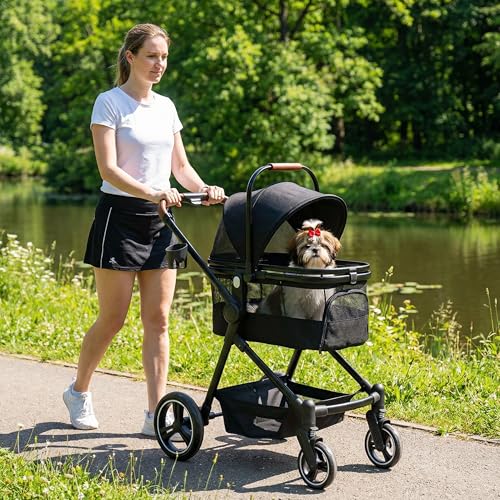 Image of 3-in-1 Foldable Pet Stroller for Dogs /Cats, 33lbs | All-terrain 7 inch /10 inch wheels | Compact storage | Storage basket | Breathable linen | Cup holder & rear brakes