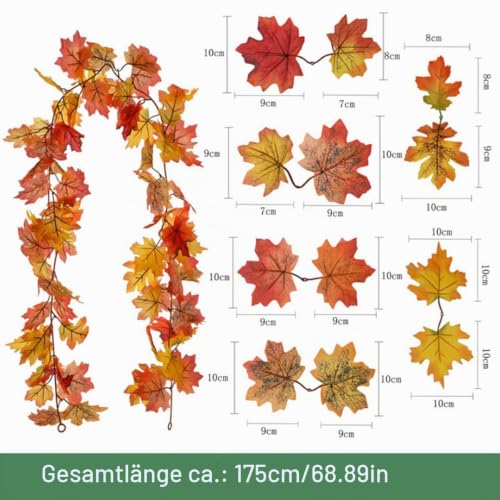 Künstliche Ahornblätter Girlande Herbstgirlande 175 cm Herbstblätter Reben Seide Ahornblatt Girlande Hängepflanze für Hausgarten, Wand, Tür, Kamin, Halloween, Party, Erntedankfest Herbstdekorationen – Bild 3
