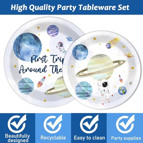 Image of ZOIIWA 200 PCS First Trip Around the Sun Birthday Tableware Disposable 1st Space Party Supplies Outer Space Birthday Party Paper Plates Napkins Forks Baby Shower Decoration Serve 50 guest