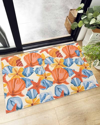 Indoor Doormat Nautical Marine Creature,Shaggy Floor Mat with Non-Skid Backing Summer Watercolor Ocean Starfish Conch,Machine Washable Plush Area Rug Carpets for Kitchen Nursery Bedroom