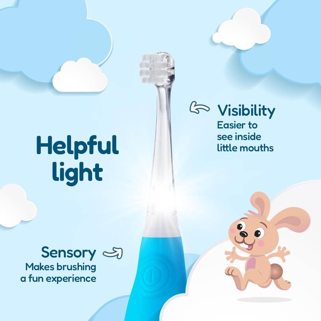 Brush-Baby - BabySonic - Spazzolino elettrico blu, 0-36 mesi, morbido e delicato, per gengive sensibili e denti nuovi, con luce LED e base di aspirazione, testine per neonati e bambini