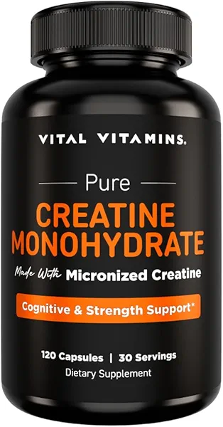 Vital Vitamins Creatine Monohydrate Capsules - Micronized Creatine Pills for Women & Men - Cognitive, Strength, Recovery Support - 3g (3000mg) per Serving - Vegan, Non-GMO, 120 Count