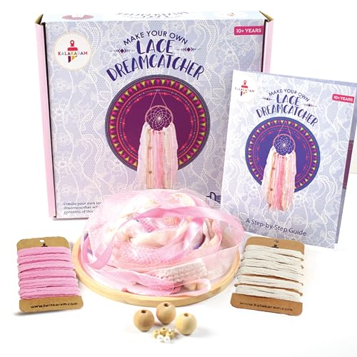 Kalakaram Lace Dream Catcher Kit - Create a Magical Dream Catcher with Wooden Ring, Ribbons, Lace, Threads & Beads - Complete Craft Set for Girls, Teens & Adults