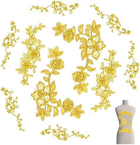 WILLBOND 10 Pieces Gold Flower Appliques Gold Lace Embroidery Patch Applique Sewing Fabric Craft Decoration Lace Patch Embroidered Appliques for Crafting Wedding Prom Dress Jeans Clothes