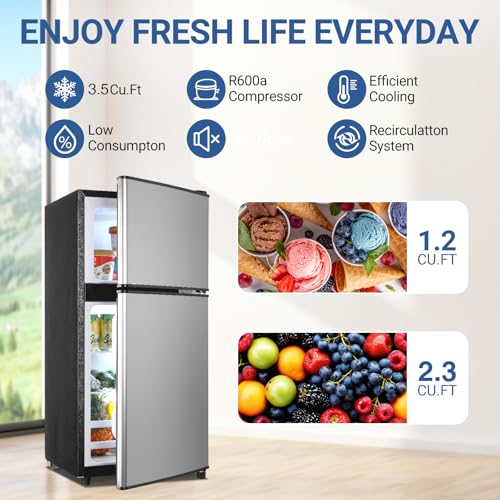 Image of Dorm Fridge with Freezer, Small Refrigerator 3.5 Cu. Ft. with Freezer for Apartment, Temperature Adjustable Apartment Size Fridge for Kichen, College, RV, Office, Silver