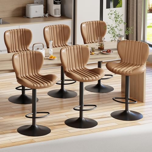Image of Shintenchi Bar Stools Set of 6 Modern Swivel Bar Chairs, Counter Height Faux Leather Metal Barstools, Upholstered Island Chairs with Back and Footrest, Coffee