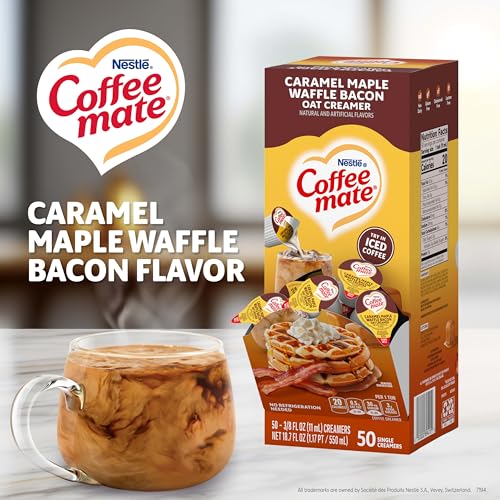 Image of Nestle Coffee mate Coffee Creamer, Caramel Maple Waffle Bacon, Liquid Creamer Singles, Non Dairy, No Refrigeration, 0.375 fl oz Tubs (Pack of 200)