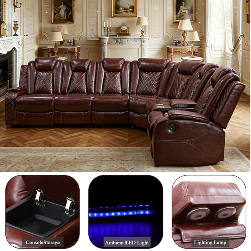 Image of Power Reclining Sectional Sofa for Living Room - Brown Leather Sectional with Recliner, LED Lights, Storage Console & Cup Holders, Comfortable Family Couch