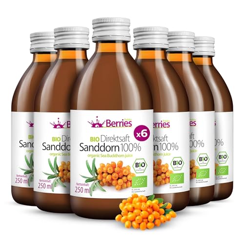 BIO Sanddornsaft 6er Pack (6x250ml) Purer Direktsaft aus BIO Frucht Gepresst, 100% Kaltgepresst Muttersaft- ohne Farbstoffe, ohne Zucker, ohne GMO, ohne Konservierungsstoffe - Vegan - BerriesPolska®