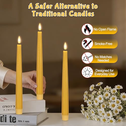 Image of Yellow Flameless Taper Candles with Remote, 9.6 Inches Real Wax Battery Operated Candles, 3 Pack Flickering LED Candlesticks, Tall Taper Fake Candles for Home, Wedding, Party