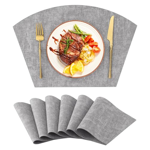 Homaxy Round Table Placemats Set of 6, Washable Wedge Shaped Faux Leather Table Mats, Wipeable Kitchen Dinner Place Mats for Indoor Outdoor, Light Grey