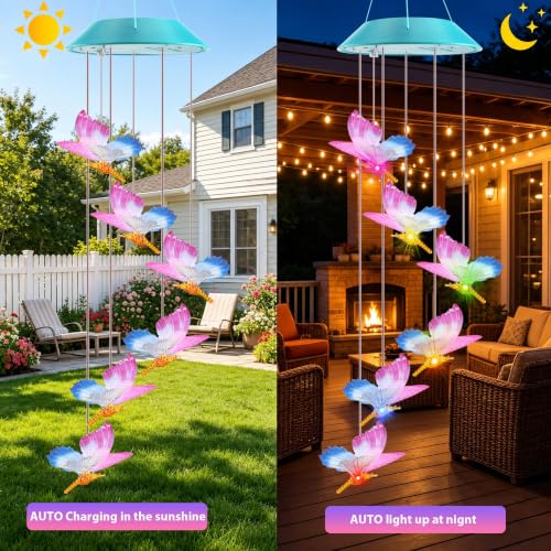Image of Toodour Solar Wind Chime, Color Changing LED Swaying Butterfly Wind Chimes, Upgrade Butterfly with Fluttering Wings, Waterproof Solar Outdoor Light Decor for Garden Window Patio, Gift for Mom Grandma