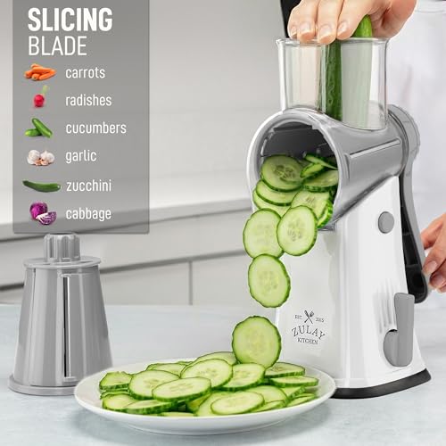 Image of Zulay Kitchen Rotary Cheese Grater 5 Blade Cheese Shredder - Manual Hand Crank Cheese Grater With Reinforced Suction & 5 Interchangeable Drums - Easy to Use, Vegetable Chopper Round Mandoline Slicer