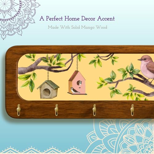 Image of Stylish Wooden Key Holder for Wall | Cute Key Holder for Home Decor | Key Holder Stand with 5 Hooks | Wall Mounted Key Hanger| (Bird Yellow Keyholder)