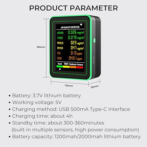 Image of DeWire Portable Air Quality Detector with 6-in-1 Monitoring - CO2, CO, PM2.5, PM10, HCHO, TVOC Tester with 2.8 inch Color Display, USB-TypeC Rechargeable for Home and Office