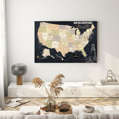 Image of IPIC - Vintage USA Travel Map, Pin Board Canvas Wall Art, Travel Map with Pins Included, Ready to Hang for Home or Office, 36x24 Inch