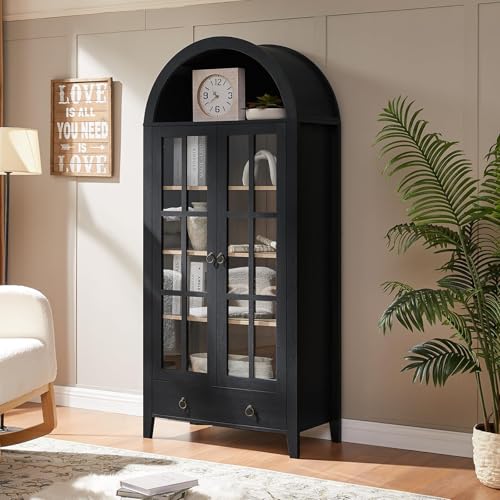 Image of 70 inch Tall Arched Cabinet, Modern Farmhouse Wooden Display Cabinet with Glass Doors, 6 Tier Bookshelf with Adjustable Shelves for Living Room, Office, Black