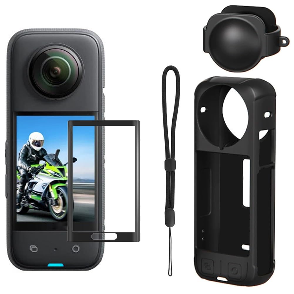 Kit accessori 4 in 1 compatibile con Insta 360 X4 con custodia in silicone e coperchio dell'obiettivo, pellicola protettiva antigraffio (nero) per accessori insta360 X4