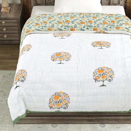 Image of BLOCKS OF INDIA Cotton Single Size Quilt Hand Block Print for Light Winters (60x90 Inches) (Green