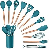 herogo - set di 12 utensili da cucina, in silicone con supporto, resistenti al calore, con manico in legno, per pentole antiaderenti, set di utensili da cucina in silicone (blu foglia di tè)