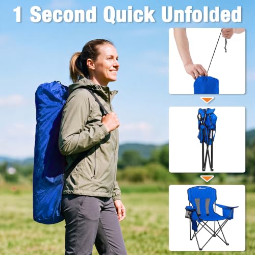 Image of Camping Chairs for Adults 2 Pack, Folding Chair with 4-Can Cooler Bag & Cup Holder, Portable Heavy Duty Outdoor Chair with Mesh Back for Camping, Beach, Lawn, Fishing, Blue