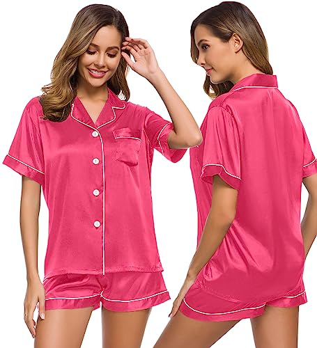 Image of SWOMOG Women Silk Satin Pajamas Set Short Sleeve Button Down Sleepwear Loungewear Pj Sets