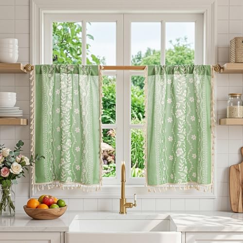 Image of MYSKY HOME Sage Green Boho Floral Tiers Curtains 24 Inch Long 2 Panels