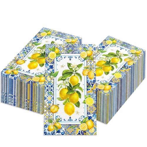 40 Stück Servietten Zitronen Motiv 33x40cm Zitronen Deko Servietten Gelb Blau Italienische Tischdeko Hochzeit Sommer Party Zitrone Deko Einweg Gasttücher Papier Für Geburtstag
