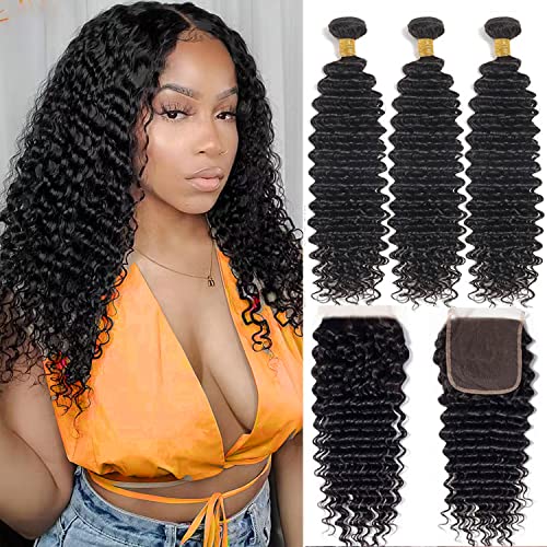 Brazilian Deep Wave Bundles Human Hair with Closure Free Part (12 14 16+10,350g)100% Unprocessed Brazilian Deep Curly Bundles Human Hair Weave Bundles with Closure Natural Color