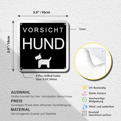 TAKULA 10 * 10cm Vorsicht Hund Schild, Warnschilder Hunde, Hundewarnschild, Kleines Metallschild Hund, Doppelmontage (Bohrung+Klebeband) | 2 Stück