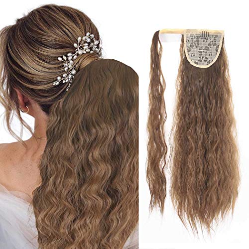 Cagora Ponytail Extension Long Corn Wave Pony Tail Wrap Around Haipieces Curly Clip in Ponytail Extensions Fluffy Hair Piece Magic Paste Ponytails Hairpiece for Women and Girls